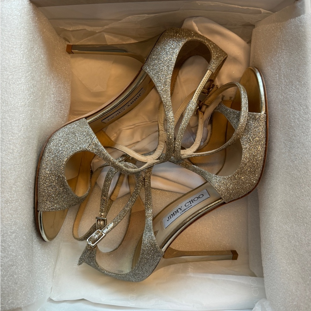 Jimmy Choo Lang Sandal Heel in Platinum Ice